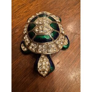 Vintage Jeweled Rhinestone Enamel Turtle Trinket Box Rhinestone Hinged Magnetic